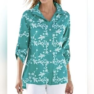 Soft Surroundings Isla Verde Floral Embroidered Button Down Blouse Top